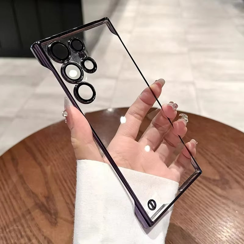 Luxury Plating Frameless Case for Samsung Galaxy S24 S25 Ultra S23 S22 Transparent Camera Lens Protection Shockproof Hard Cover