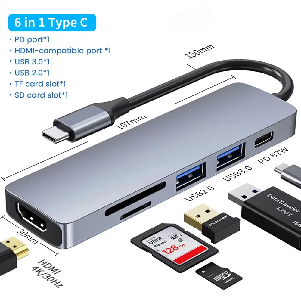 USB C Hub Type C 3.0 Adapter to 4K HDMI SD TF Card PD Fast Charge Splitter Docking Station Hub for Phone Macbook Computer