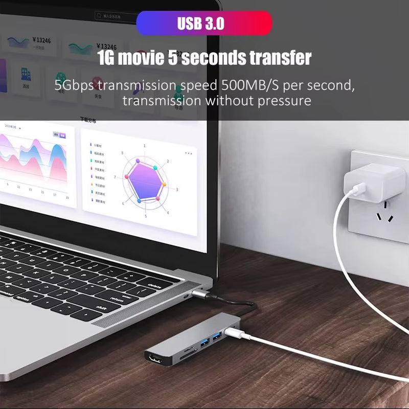 USB C Hub Type C 3.0 Adapter to 4K HDMI SD TF Card PD Fast Charge Splitter Docking Station Hub for Phone Macbook Computer
